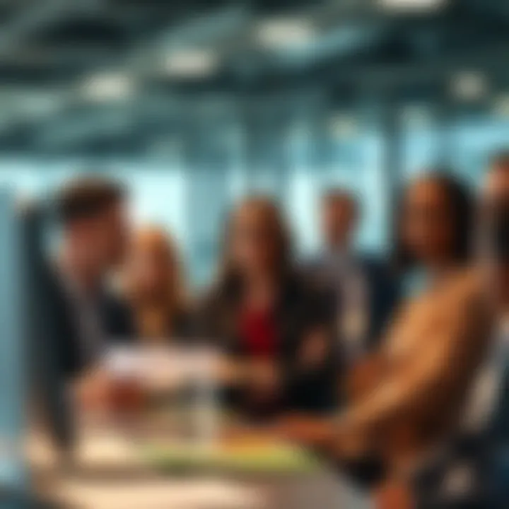 A diverse group of professionals in a corporate setting discussing strategies