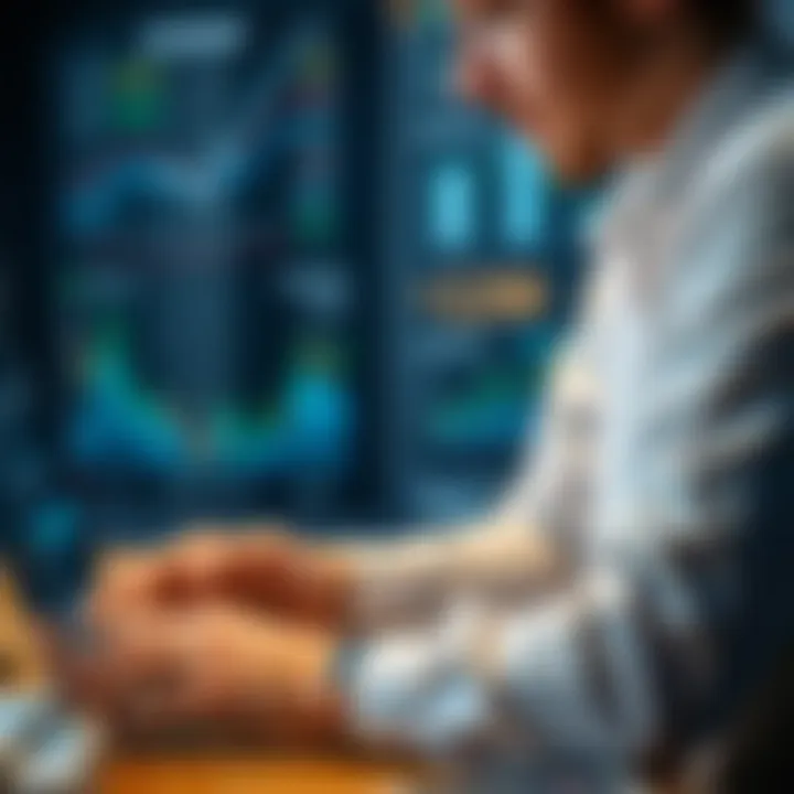 A close-up view of a financial analyst at work, analyzing data on a laptop