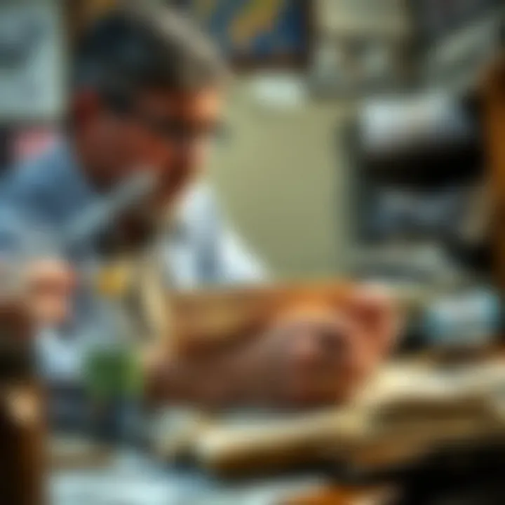 A collector examining old banknotes