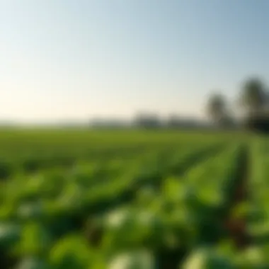 A serene agricultural landscape showcasing diverse crops under a clear sky