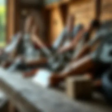 A close-up of various agricultural tools and equipment on a wooden table