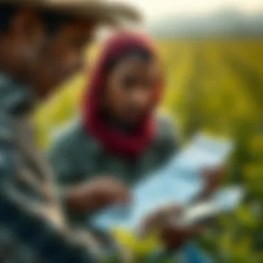 A farmer analyzing financial documents with a calculator in a field