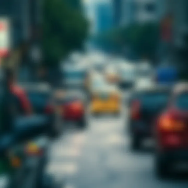 Vehicles in Urban Traffic A diverse group of vehicles on a busy city street