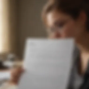 An individual reviewing a resume with focus and determination.