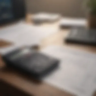 A close-up of a financial planner's desk with mortgage documents and a calculator.