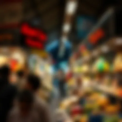 A vibrant marketplace bustling with diverse vendors engaging in sales