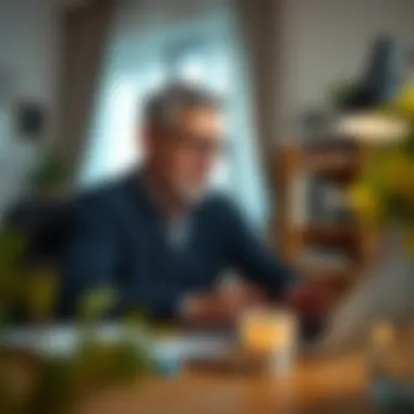 A retiree working from home on a computer