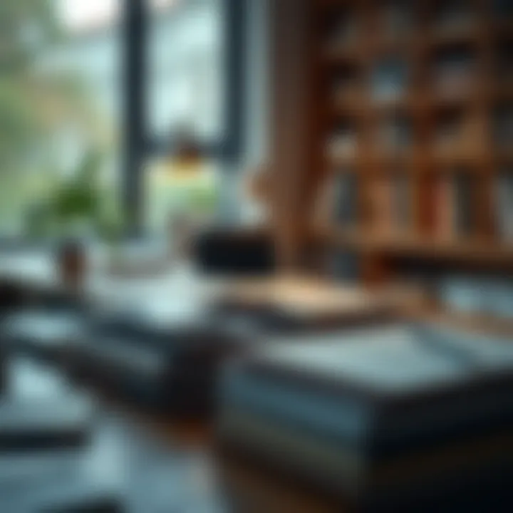 Investment Strategies Workspace A serene workspace with books and notes on investment strategies