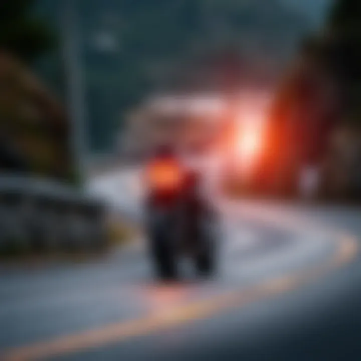 A scenic view of a winding road with a motorcycle